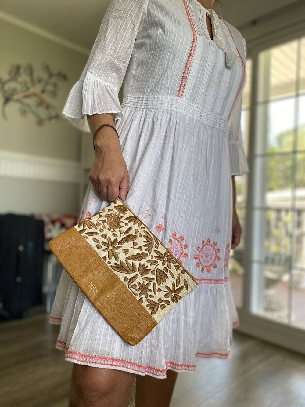 FOSSIL Wristlet Purse Wallet Leather Tapestry